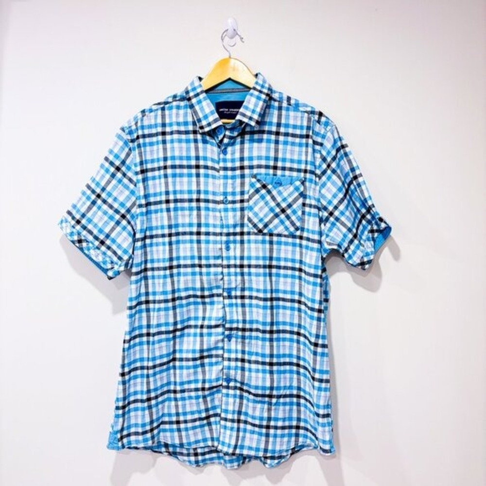 VINCENT D'AMÉRIQUE‎ Blue Plaid Short Sleeve Stretch Button Down Shirt XX-Large